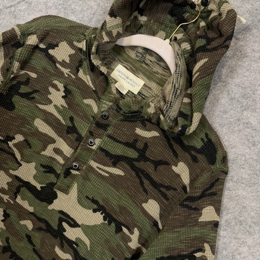 Vtg Denim & Supply Hoodie Mens Sz M Green Camo Waffle Knit Lightweight